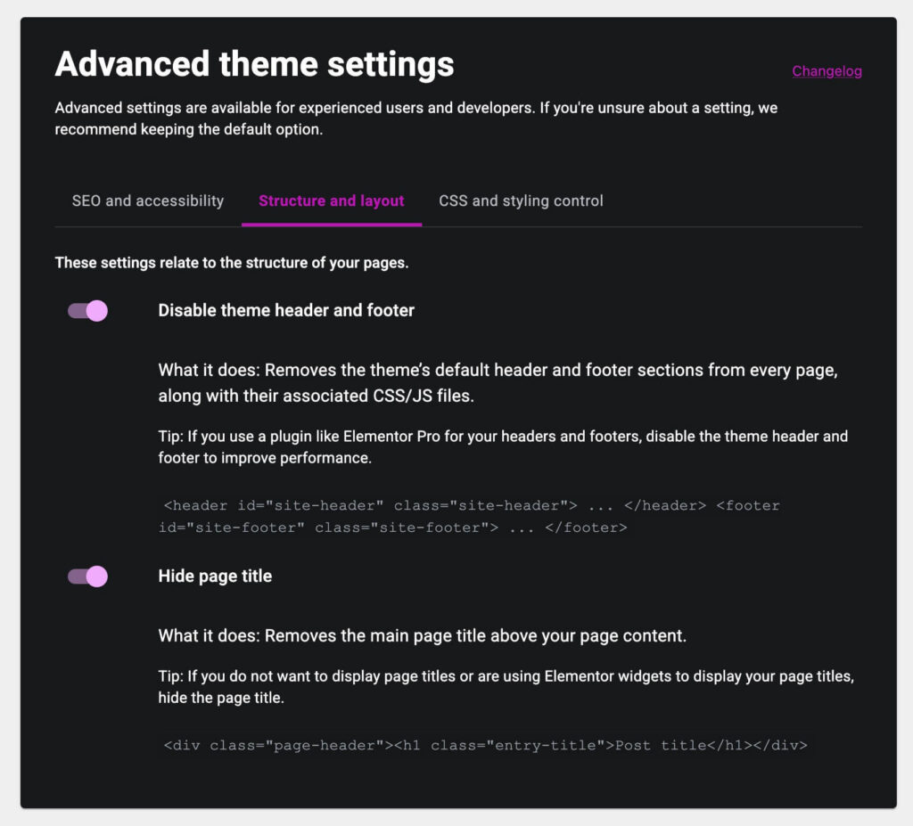 Hello theme settings elementor